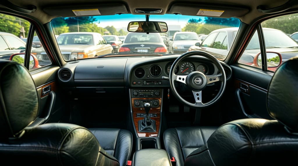 Салон Nissan Fairlady Z на заказ из Японии Салон Nissan Fairlady Z с водительского места; видны руль и центральная консоль