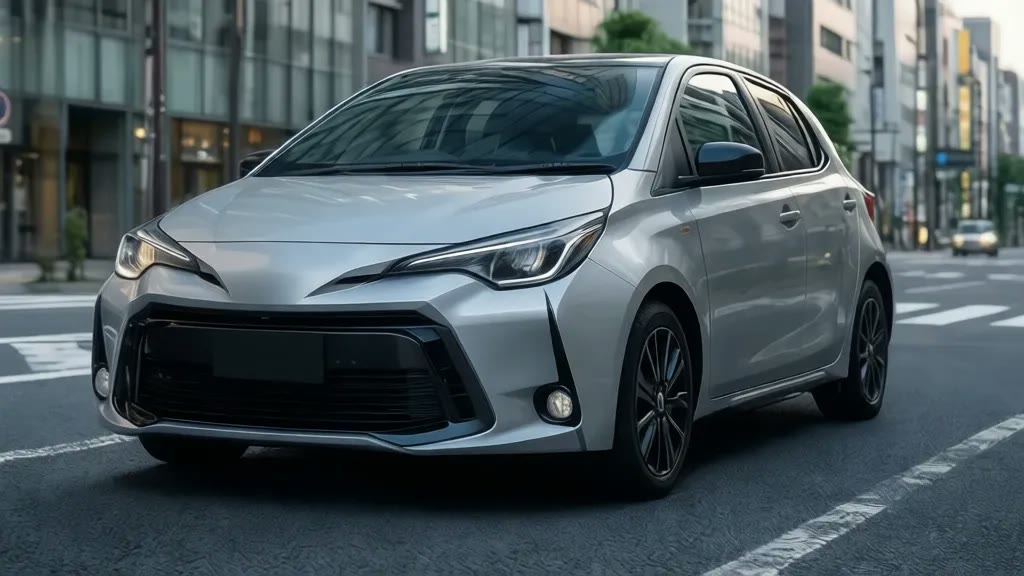 Toyota Yaris — автомобиль из Японии Серебристый автомобиль Toyota Yaris из Японии на городской улице