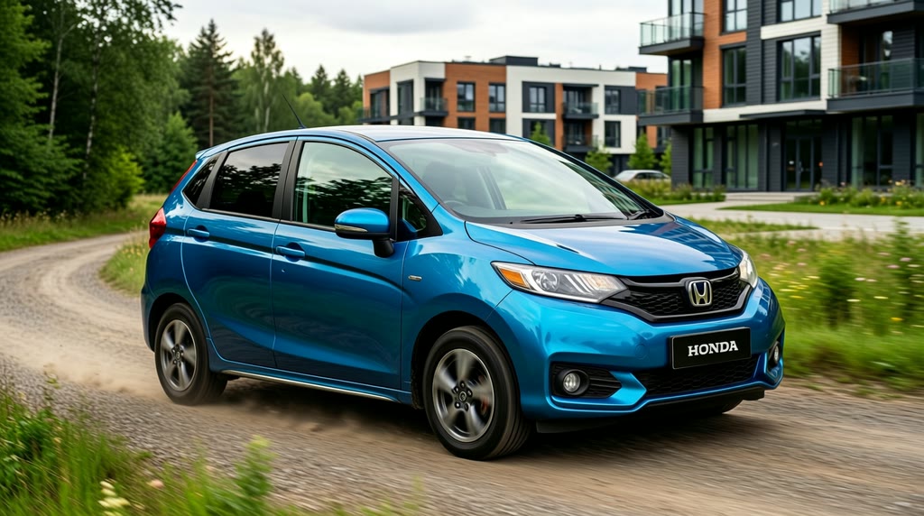 Автомобиль Honda N-ONE едет по дороге при дневном свете