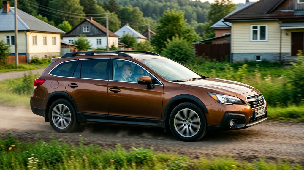 Subaru Legacy Outback из Японии для повседневных поездок Автомобиль Subaru Legacy Outback едет по спокойной улице