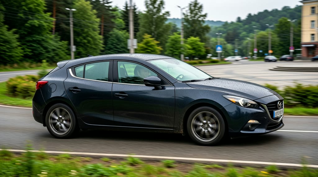 Автомобиль Mazda 3 Fastback проходит поворот на дороге