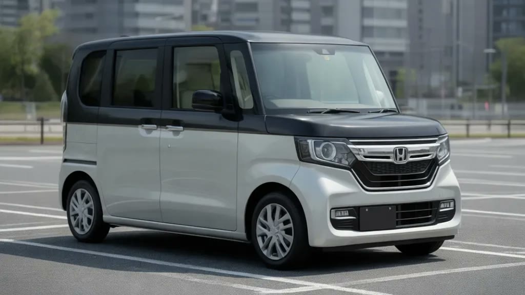Двухцветный автомобиль Honda N-BOX из Японии на парковке